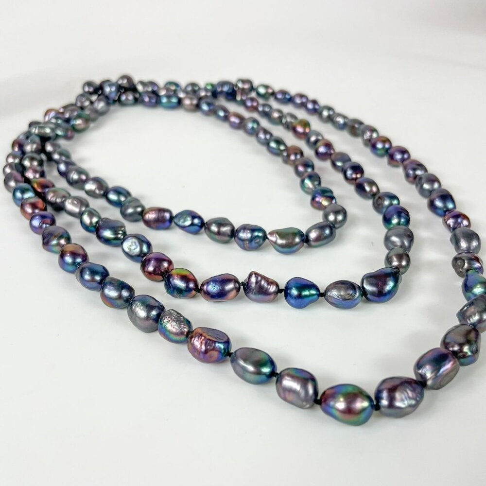 Long Peacock Baroque Pearl Knotted Necklace 31 Iridescent Multicolor Jewelry For